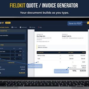 Quote/Invoice Generator screen — live preview building as you type | Fieldkit quote and invoice generator screen for contractors, showing live invoice preview that builds as you type job and client details