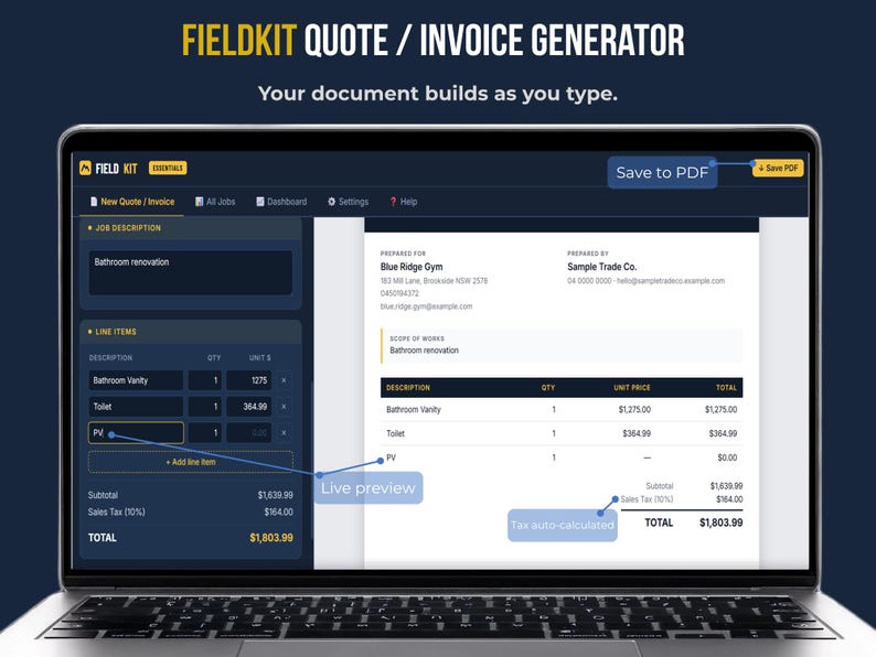 Quote/Invoice Generator screen — live preview building as you type | Fieldkit quote and invoice generator screen for contractors, showing live invoice preview that builds as you type job and client details