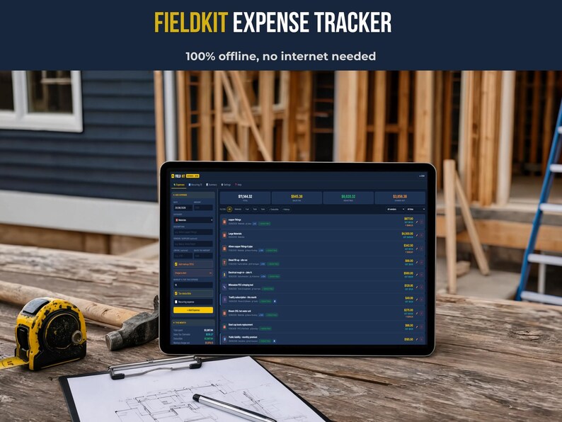 FieldKit Expense Tracker on a tablet at a construction job site, surrounded by a tape measure, hammer, and site plans — 100% offline, no internet needed.