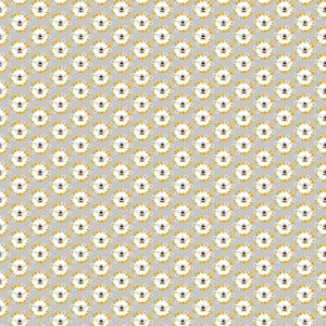 May include: A repeating pattern of bees in a circle of yellow flowers on a light gray background.