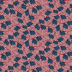 May include: A repeating pattern of American flags. The flags are red and white striped with a blue canton filled with white stars. The flags are scattered across the image, creating a patriotic design.