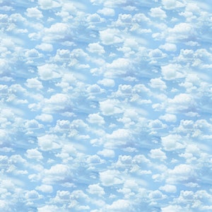 May include: A seamless pattern of white fluffy clouds against a light blue sky.