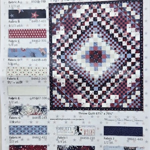 May include: A fabric panel for a throw quilt, titled "Liberty Lane Trip Around The World." The quilt design features a central starburst pattern in red, white, and blue. Fabric swatches with patriotic patterns are displayed around the quilt.