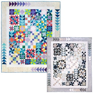 May include: Two quilt patterns, one in bright colors and one in shades of gray. The colorful quilt features a variety of geometric shapes and patterns, including stars, squares, and triangles. The gray quilt features a more subtle design with a mix of stars and squares.