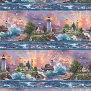 May include: A repeating pattern featuring coastal scenes with lighthouses, houses, and crashing waves. The lighthouses are white with black tops, and the houses have white picket fences. The sky is filled with clouds and the sun is setting.