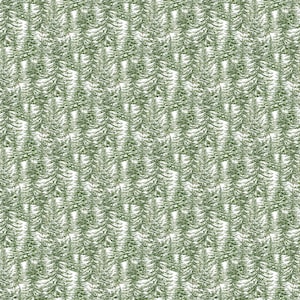 May include: A seamless pattern featuring a repeating design of green pine trees against a white background. The trees are stylized and resemble a forest scene.