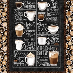May include: A chalkboard menu with illustrations of different coffee drinks, including classic espresso, flat white, doppio, Irish coffee, cappuccino, cafe latte, mocha, and cold brew. The menu is surrounded by a border of coffee beans.