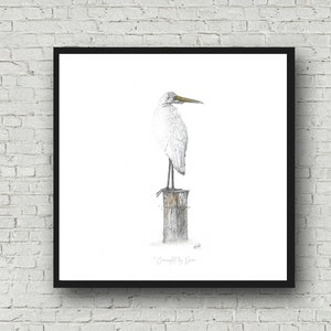 Original Art print; Great Egret art; Egret print; bird wall art; large bird print; white bird print; nature art; minimilist animal art print