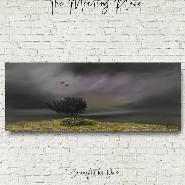 Lone tree art print; tree wall art; purple wall art; purple sky; moody misty landscape; purple green landscape; purple green panoramic art