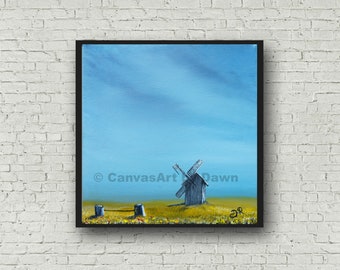 Square Landscape; Unframed Wooden Windmill Print; Old Broken Wooden Windmill; Yellow Blue Landscape Art Print; Old Mill Art Print; Blue Sky