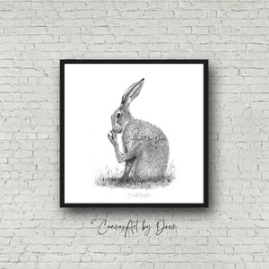 Brown Hare wall art; cute hare art; Sitting Hare print; Hare lover gift; Cute Hare art print; black white Hare print; british wildlife art