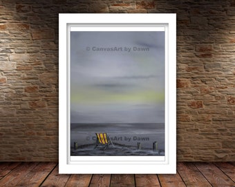 Large Unframed Seascape Print; Misty Beach Print; Yellow Purple Deckchair Art;  Yellow Grey Landscape; Shoreline ; Deckchair on Beach Print