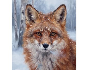 Fox Wall Art Print, Winter Fox Portrait Painting, Woodland Animal Art, Rustic Cabin Decor Gift