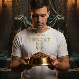 Puede incluir: Una camiseta blanca con el texto dorado PERSONAL STAFF TO MOCHI THE CAT y un icono de cara de gato dorado. La prenda es usada por una persona que sostiene un cuenco dorado lleno de comida seca marr&oacute;n. El dise&ntilde;o est&aacute; centrado en el pecho.