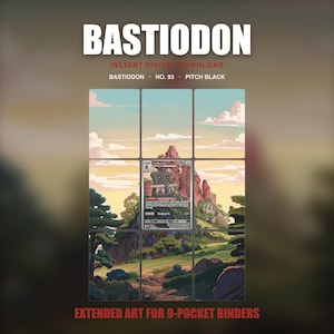 Op de afbeelding: Een digitale download met uitgebreide kunst voor een 9-vaks map, met een Bastiodon-verzamelkaart in het midden van een landschap met rotsachtige kliffen, groene bomen en een bewolkte lucht. De tekst luidt BASTIODON, INSTANT DIGITAL DOWNLOAD, NO. 93, PITCH BLACK.