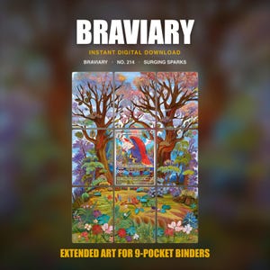 May include: A digital display of Braviary No. 214 from Surging Sparks, featuring a central trading card surrounded by extended artwork of a colorful forest landscape with trees and flowers, formatted for a 9-pocket binder display.