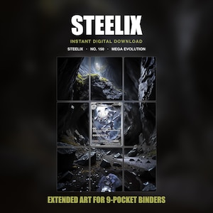Peut inclure: Un téléchargement numérique représentant Steelix, n° 150, Méga-Évolution. L'image montre une carte à collectionner centrale entourée d'une scène artistique étendue représentant un paysage de caverne rocheuse sombre pour classeur.