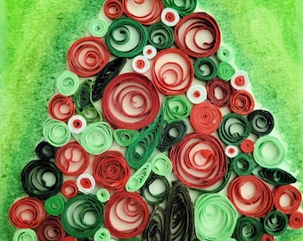 May include: A paper quilling art piece shaped like a Christmas tree, featuring tightly coiled paper strips in shades of red, dark green, light green, and white. The tree is set against a textured, light green background with a dark brown paper trunk.