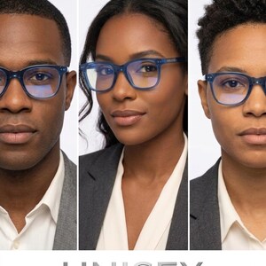 May include: A pair of blue-tinted glasses with a translucent navy blue frame and clear lenses. The glasses feature a classic rectangular shape with silver-toned rivets on the corners of the frame. The word UNISEX is printed in large gray letters below.