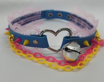 Pansexual Pride Spiked Heart Choker, Pastel Punk Lace Bell Collar