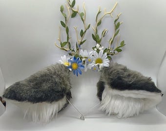 Fawn Ears Headband, Antler Daisy Flower Crown, Faux Fur Cosplay Ears, Removable Lace Bow