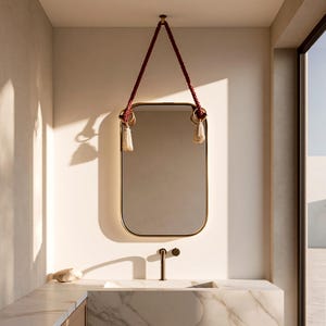 May include: A rectangular wall mirror with rounded corners and a thin gold frame. The mirror is suspended by a thick, braided dark red rope attached to two gold rings on the top corners, each featuring a hanging cream-colored fabric tassel.