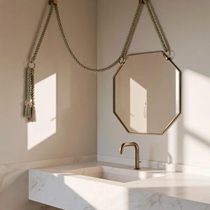 Puede incluir: Un espejo octogonal con un marco dorado fino cuelga de una cuerda gruesa de color verde salvia suspendida del techo. La cuerda presenta extremos trenzados decorativos con borlas. Un grifo dorado moderno está montado sobre un lavabo de mármol blanco.