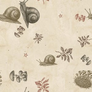 May include: A seamless pattern on a light beige background featuring detailed black and white illustrations of snails, various clusters of mushrooms, and small leafy branches, accented with small red stars and scattered dots throughout the design.