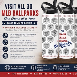 Baseball Ballpark Tracker 20 oz Tumbler with Stickers & 2 Lids | Visit All 30 Ballparks Challenge