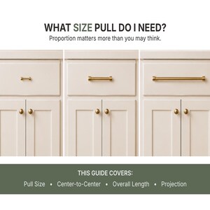 May include: A guide titled WHAT SIZE PULL DO I NEED? showing three cream-coloured cabinet drawers with gold-toned metal bar pulls of varying lengths. The text below states THIS GUIDE COVERS: Pull Size, Center-to-Centre, Overall Length, Projection.