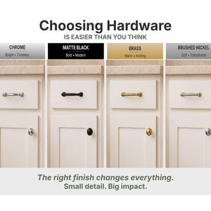 May include: A comparison chart titled Choosing Hardware is easier than you think, displaying four cabinet hardware finishes: chrome, matte black, brass, and brushed nickel. Each section shows a drawer pull and a round knob on white cabinets.