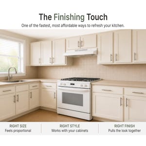 May include: A kitchen featuring off-white cabinets with silver-toned bar pulls, a white gas range, and a stainless steel tap. Text reads: The Finishing Touch, One of the fastest, most affordable ways to refresh your kitchen, RIGHT SIZE, RIGHT STYLE, RIGHT FINISH.