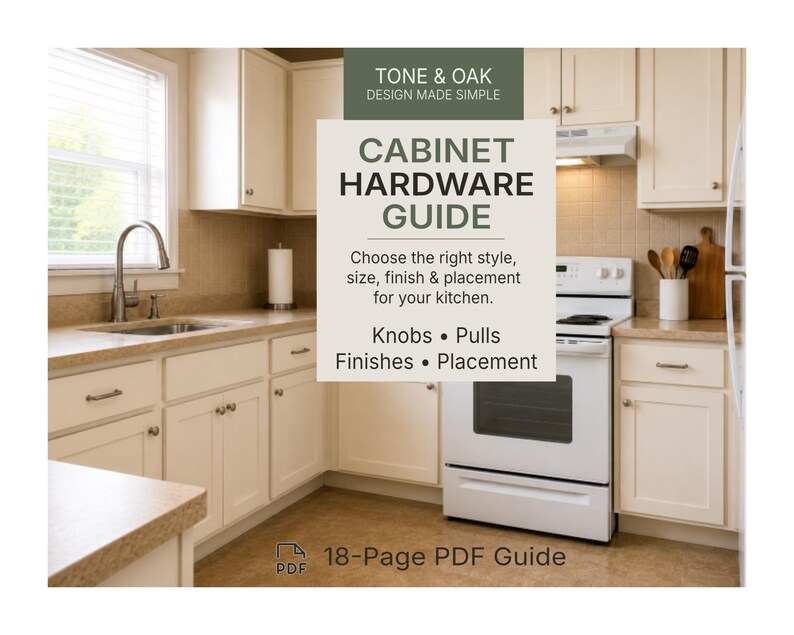 May include: An 18-page PDF guide titled TONE & OAK CABINET HARDWARE GUIDE. The text includes: Choose the right style, size, finish & placement for your kitchen. Knobs, Pulls, Finishes, Placement. The background shows a kitchen with white cabinets.
