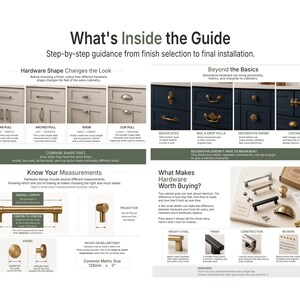 May include: An informational guide titled What's Inside the Guide featuring diagrams and photographs of various cabinet hardware styles including bar pulls, arched pulls, knobs, cup pulls, backplates, bail pulls, and latches with measurement details.