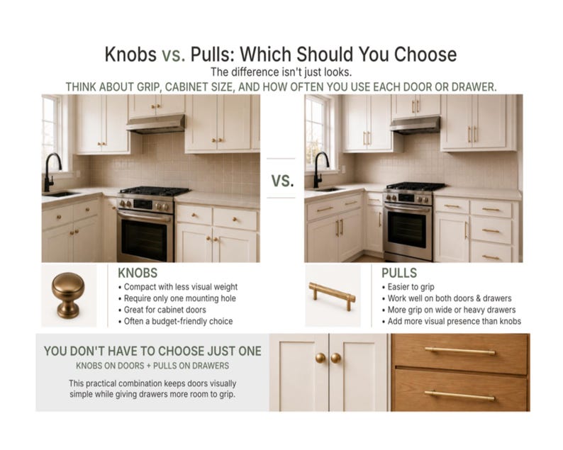 May include: An infographic titled Knobs vs. Pulls: Which Should You Choose. It compares kitchen cabinet hardware, showing a kitchen with round brass knobs versus one with long brass pulls. It lists features for each and suggests mixing both.