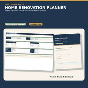 Può includere: Un sistema di pianificazione per la ristrutturazione della casa che include un foglio di calcolo Excel a 10 schede e un documento PDF di 16 pagine. Il design utilizza una tavolozza di colori blu scuro, crema e verde salvia con il testo Home Renovation Planner.
