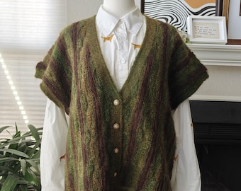Vintage Moss Green Knit Vest | Cozy Striped Sleeveless Cardigan
