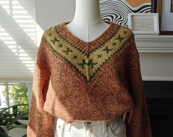 Vintage V-Neck Chunky Wool Sweater | Nordic Bright Tweed Orange Wool