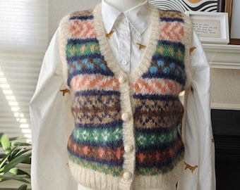 Vintage Fair Isle Wool Vest |Soft Mohair Blend Button-Down Cardigan | Cozy Bohemian Knit