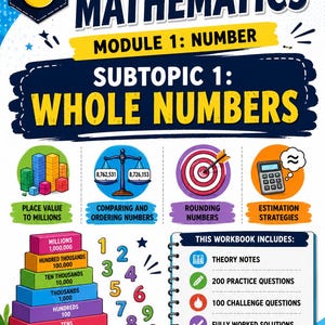 May include: A Grade 6 Mathematics workbook cover titled Module 1: Number, Subtopic 1: Whole Numbers. It features colorful graphics for place value, comparing numbers, rounding, and estimation, plus a list of theory notes and practice questions.