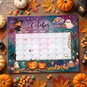 May include: A 2026 October calendar page featuring a purple and blue gradient background with Halloween illustrations including a witch on a broomstick, a ghost, jack-o'-lanterns, and candy. The grid displays dates from 1 to 31.