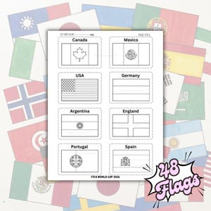 Puede incluir: Una hoja de actividades imprimible en blanco y negro titulada FIFA WORLD CUP 2026 que presenta ocho banderas nacionales para colorear, incluyendo Canadá, México, EE. UU., Alemania, Argentina, Inglaterra, Portugal y España, con un gráfico 48 Flags.
