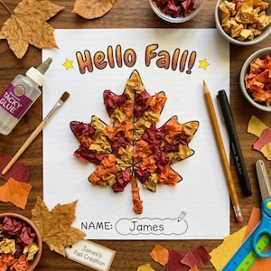 May include: A craft project on white paper featuring a large maple leaf outline filled with crumpled red, orange, and yellow tissue paper. The text reads Hello Fall! at the top and NAME: James at the bottom, surrounded by glue, brushes, and paper.