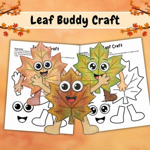 以下が含まれることがあります： 「Leaf Buddy Craft」アクティビティシート。動く目、腕、脚が付いた3枚の着色済みカエデの葉のキャラクターが描かれています。印刷可能なページには、これらの秋をテーマにしたフィギュアに色を塗り、切り抜き、組み立てるための手順と輪郭が含まれています。