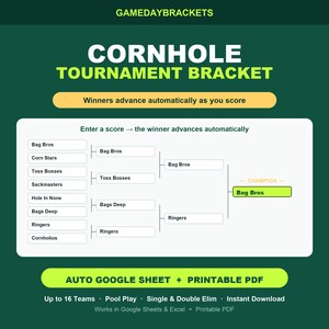 May include: A digital cornhole tournament bracket template on a dark green background. The graphic features the text GAMEDAYBRACKETS, CORNHOLE TOURNAMENT BRACKET, and AUTO GOOGLE SHEET + PRINTABLE PDF. It displays a sample bracket with team names.