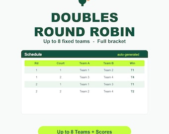 Pickleball Doubles Round Robin | Up to 8 Fixed Teams Tournament Schedule + Score Tracker | Google Sheets + Printable PDF