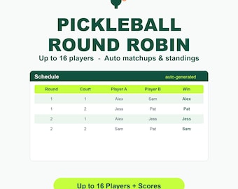 Pickleball Round Robin Generator | Up to 16 Players Tournament Schedule + Score Tracker | Google Sheets + Printable PDF