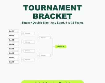 Tournament Bracket Generator | Single and Double Elimination | 4 to 32 Teams Auto-Advancing | Any Sport | Google Sheets + PDF