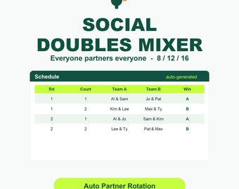 Pickleball Social Doubles Mixer | Everyone Partners Everyone | 8 12 16 Players Round Robin Rotation | Google Sheets + PDF