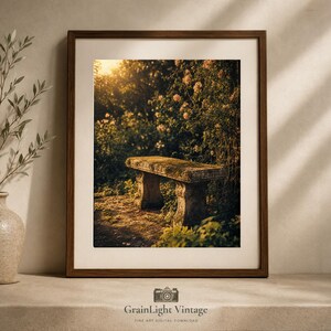Stone Garden Bench Print, English Garden Photography, Cottagecore Botanical Decor (Digital Download)